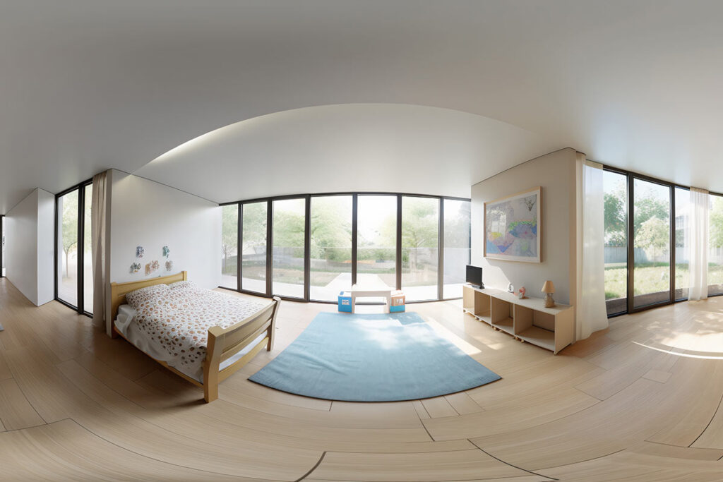 Helles Schlafzimmer mit großen Fenstern.